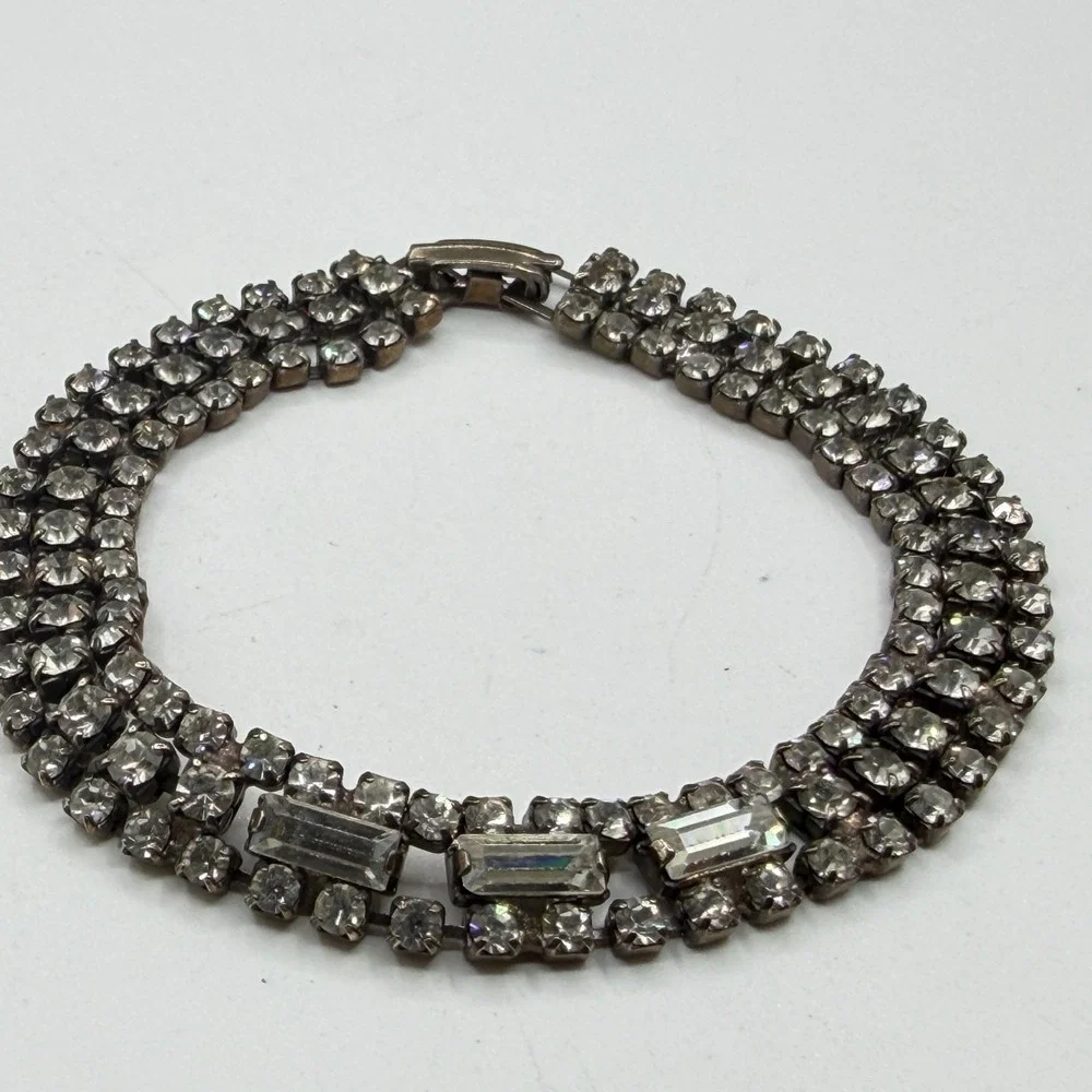 Clear Rhinestone Silver Tone Multi Row Bracelet Baguette Statement Bridal Gift